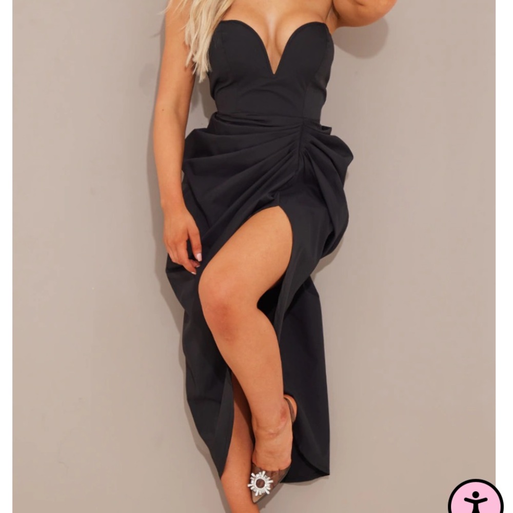 Black Woven Bandeau V Bar Gathered Hip Midi Dress